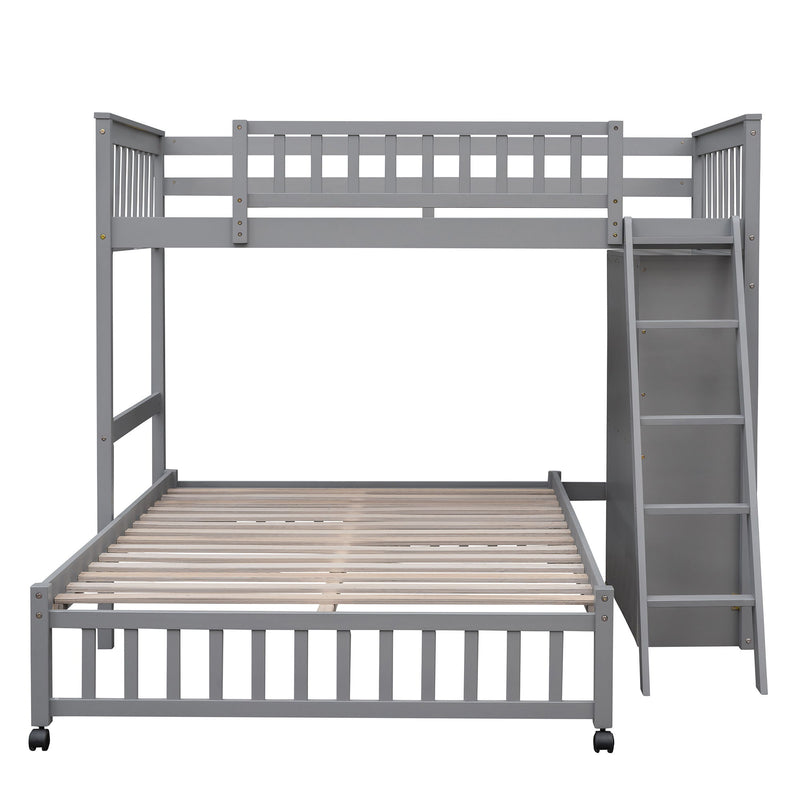 Twin Over Full Bunk Bed With 6 Drawers And Flexible Shelves, Bottom Bed With Wheels - Gray