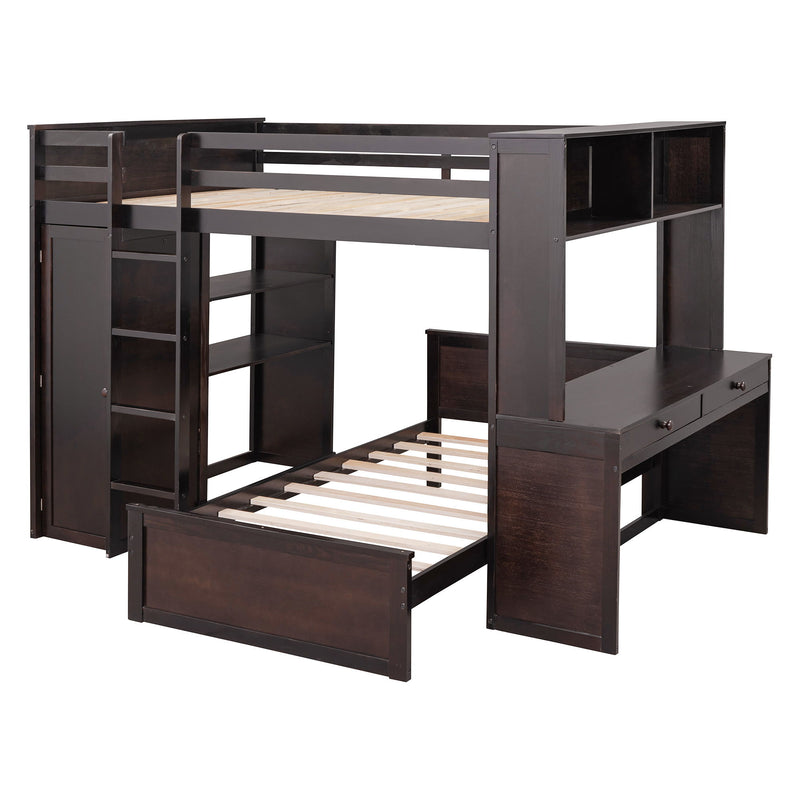 Loft Bed With A Twin Size Standalone Bed, Shelves, Desk, And Wardrobe