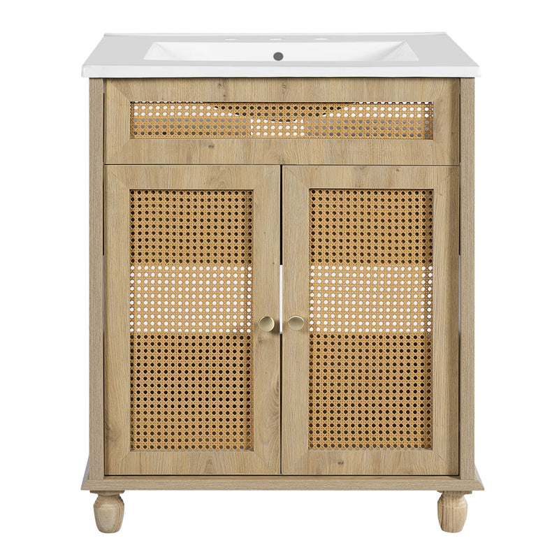 Bathroom Vanity With Handwoven Rattan Doors, Resin Basin - Natural Wood