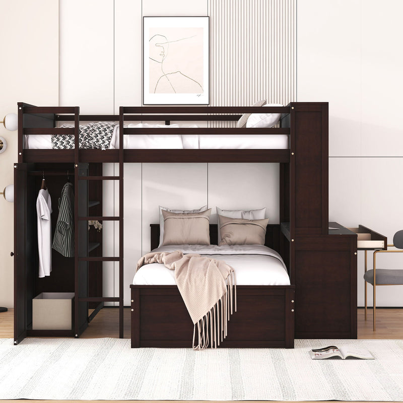 Loft Bed With A Twin Size Standalone Bed, Shelves, Desk, And Wardrobe