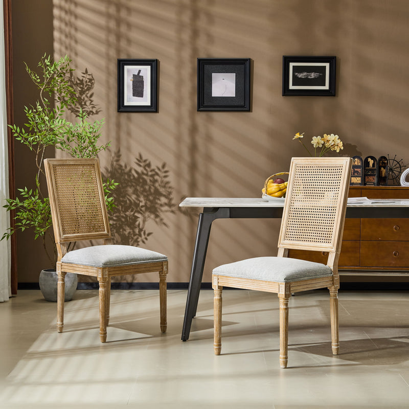 French Country Dining Chair With Rectangular Cane Backrest And Smooth Upholstered Seating