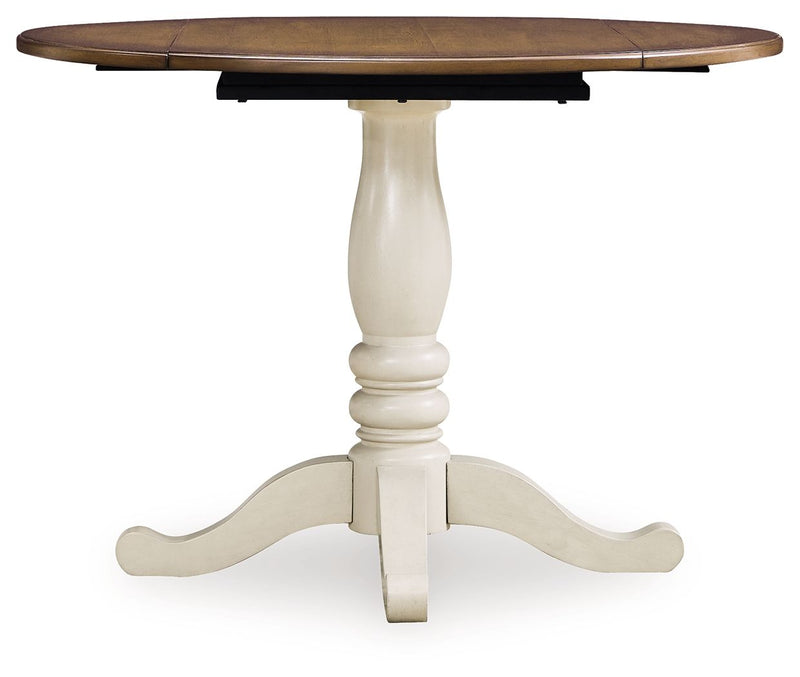 Wirloni - Round Dining Room Drop Leaf Table - Antique White / Brown