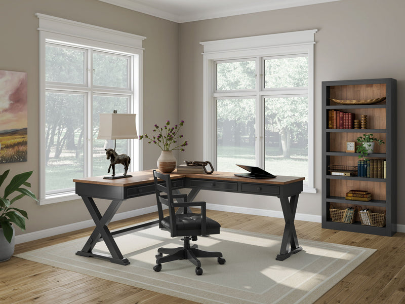 Wildenauer - 3 Pc. - Home Office Desk And Return, Swivel Desk Chair, Bookcase - Brown / Black