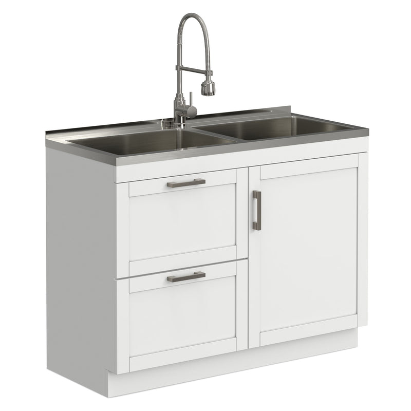 Hennessy - Laundry Utility Sink And Cabinet With Dual Sink And Pull Out Faucet - White