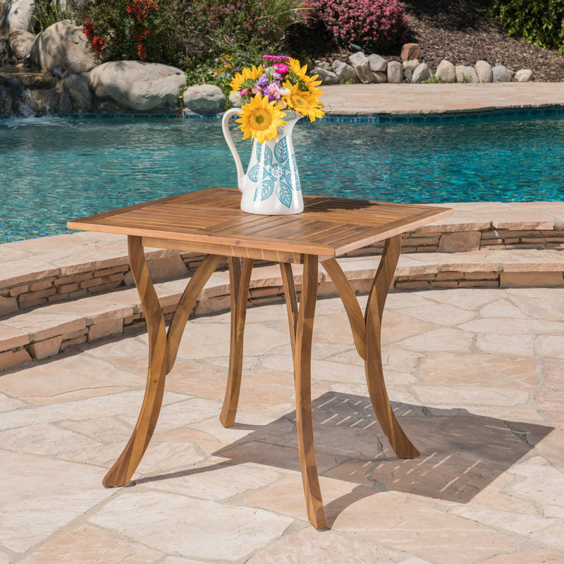 Outdoor Rectangular Table With Curved Legs And Perpendicular Wooden Slats Table Top