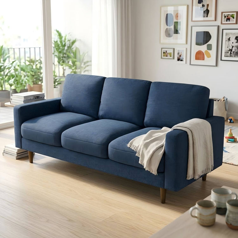 3 Seater Sofa With Loose Back Cushions And Accent Pillows For Living Room - Dark Blue