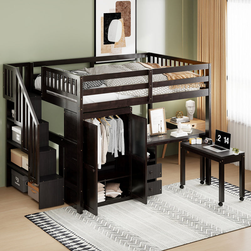 Full Size Loft Bed With Stairs, Bookshelf, Drawers, Desk & Wardrobe, Space Saving Multifunctional Furniture - Espresso