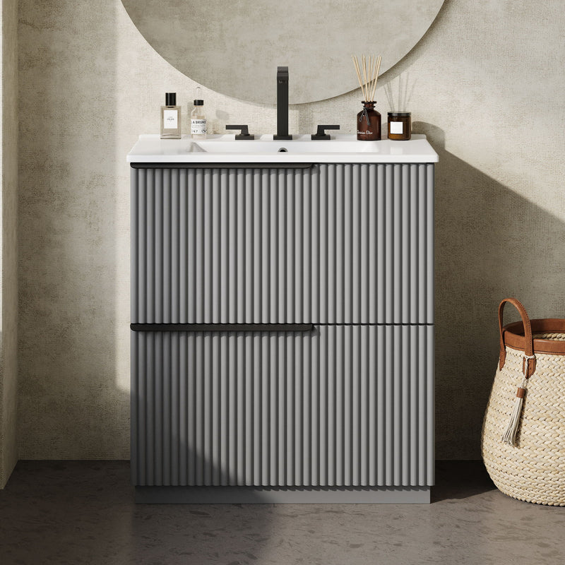 Fluted Bathroom Vanity With Ceramic Sink, Freestanding Cabinet
