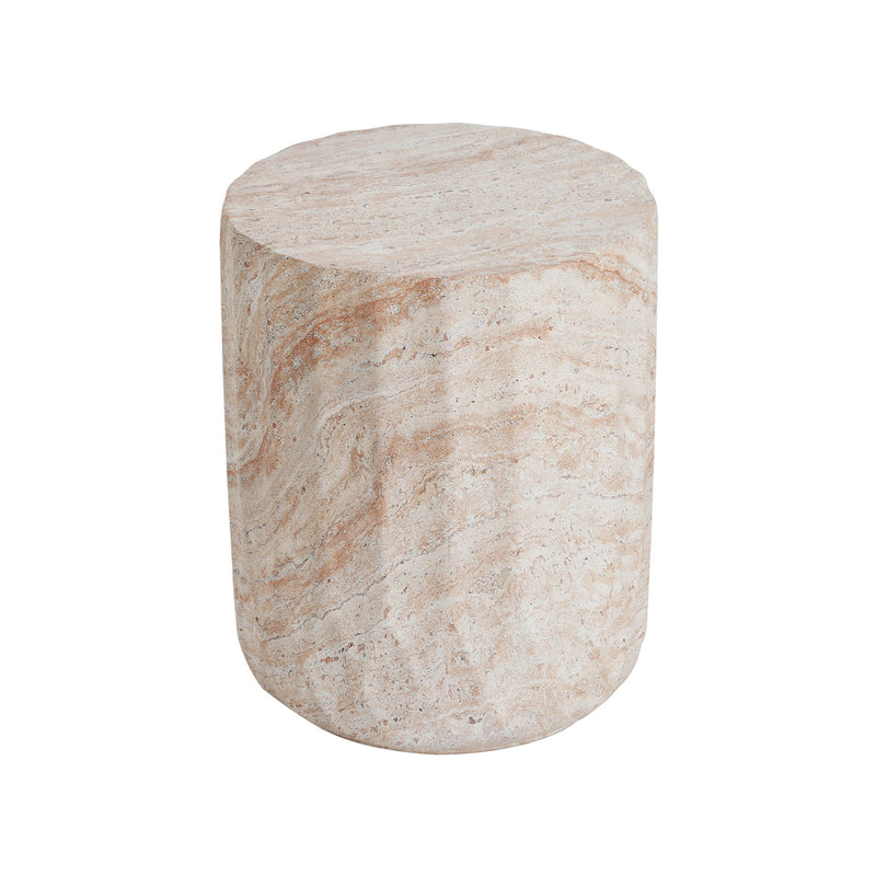 Outdoor / Indoor Lightweight Concrete Side Table, Cylinder Travertine Finish Accent Table - Beige
