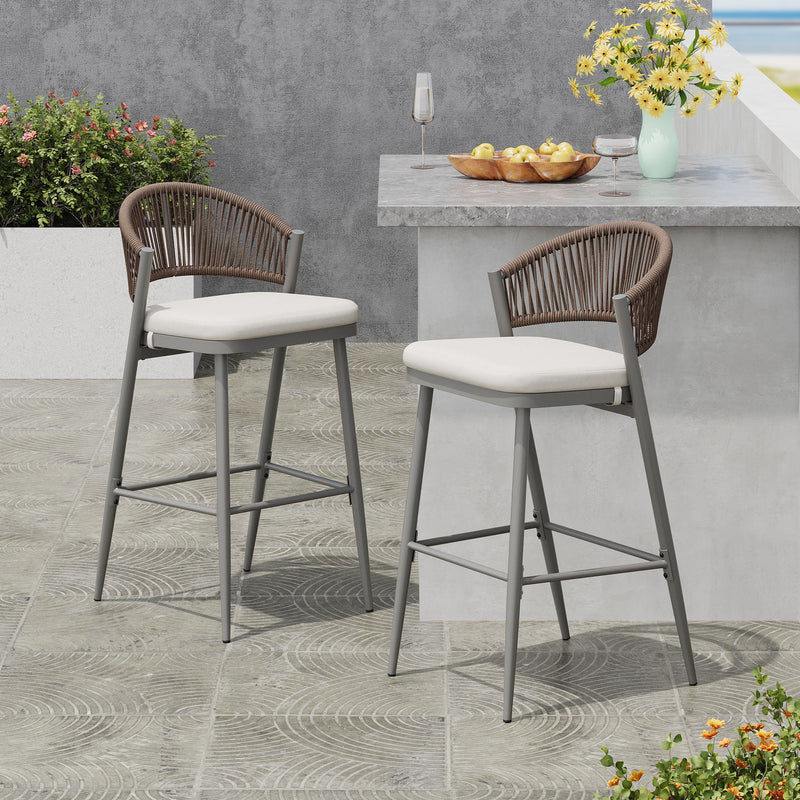 Outdoor Bar Height Metal Frame Counter Stools With Scallop Shaped Backrest & Water Resistant Cushions